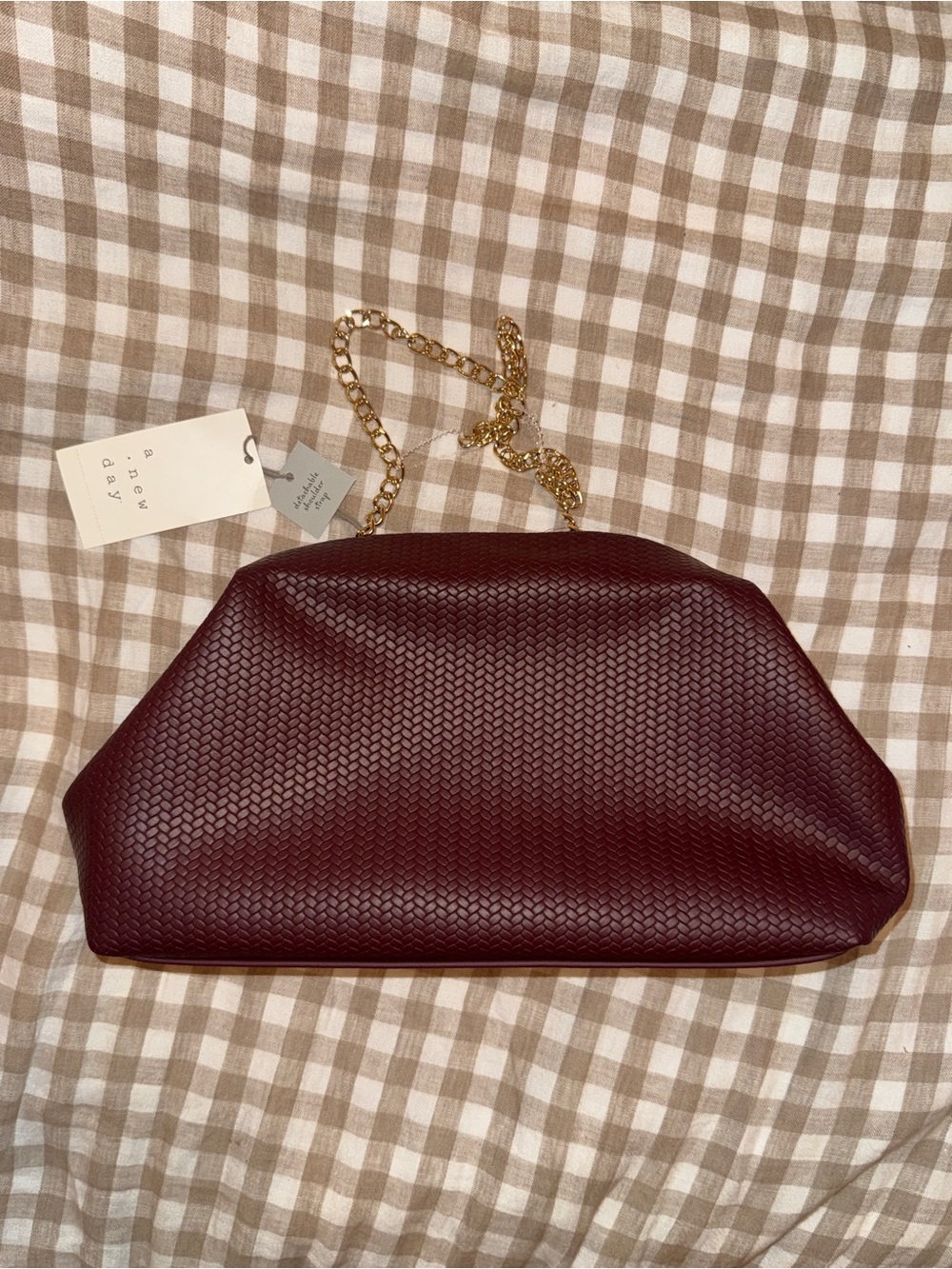 NWT A New Day Woven Pouch Clutch Crossbody Bag - Burgundy/Wine Gold Chain